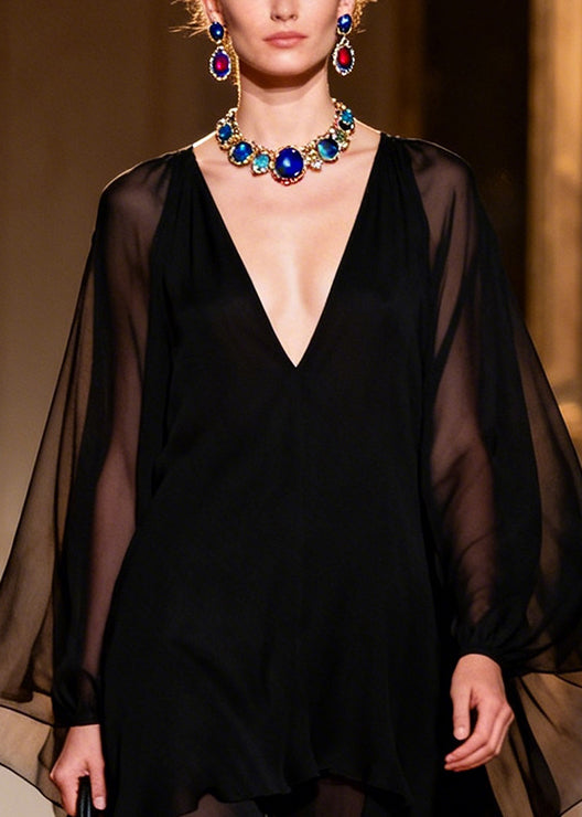 Simple Black Asymmetrical Draping Chiffon Vacation Dresses Summer