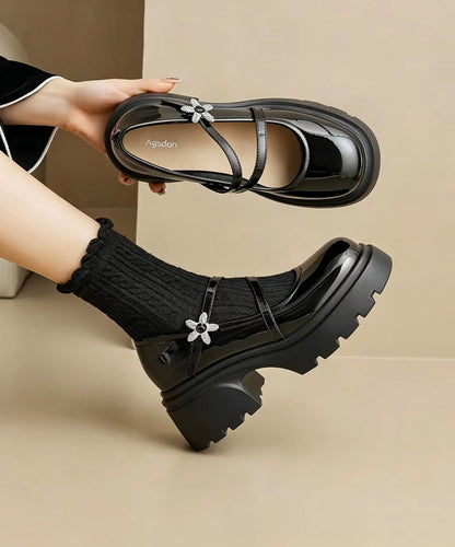 Simple Black Buckle Strap Floral Rhinestone Faux Leather Platform Chunky Mary Jane Shoes