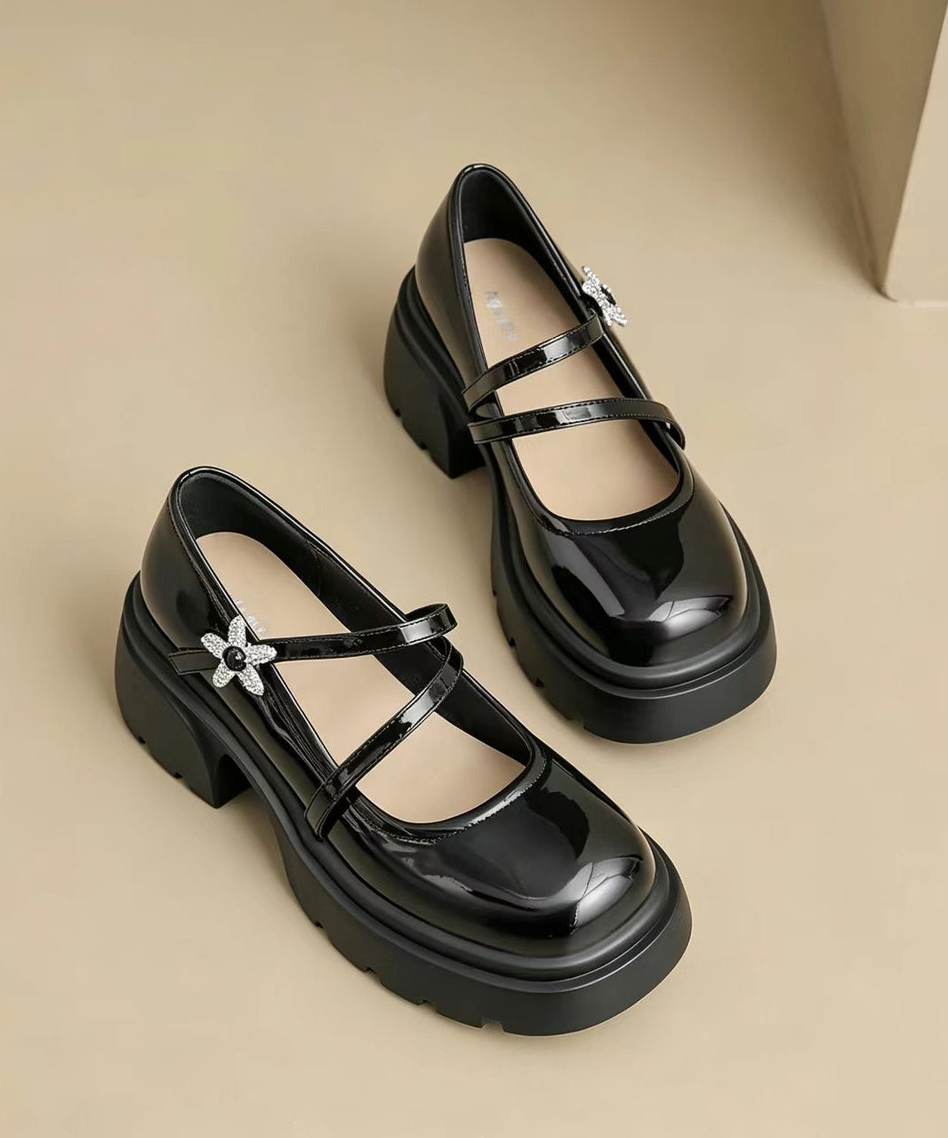 Simple Black Buckle Strap Floral Rhinestone Faux Leather Platform Chunky Mary Jane Shoes