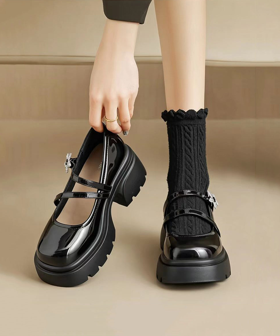Simple Black Buckle Strap Floral Rhinestone Faux Leather Platform Chunky Mary Jane Shoes