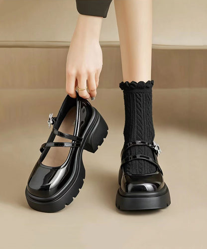 Simple Black Buckle Strap Floral Rhinestone Faux Leather Platform Chunky Mary Jane Shoes