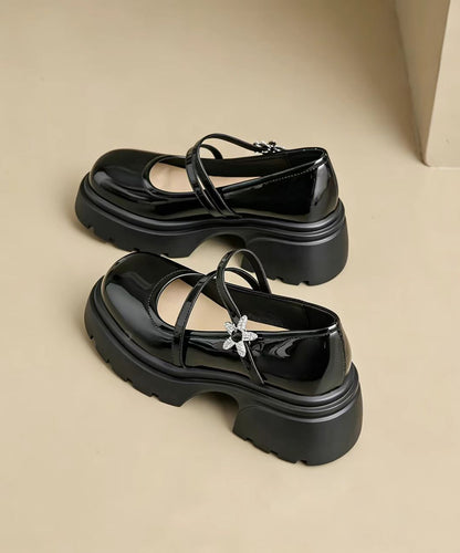 Simple Black Buckle Strap Floral Rhinestone Faux Leather Platform Chunky Mary Jane Shoes