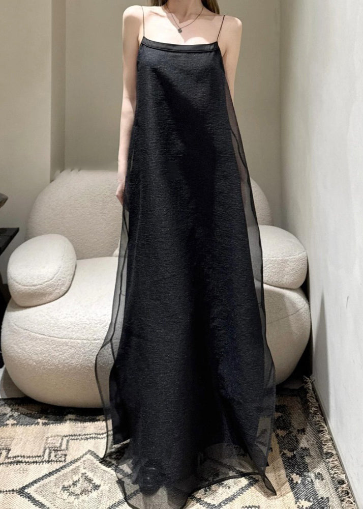 Simple Black Cold Shoulder Solid Tulle Spaghetti Strap Dress Sleeveless