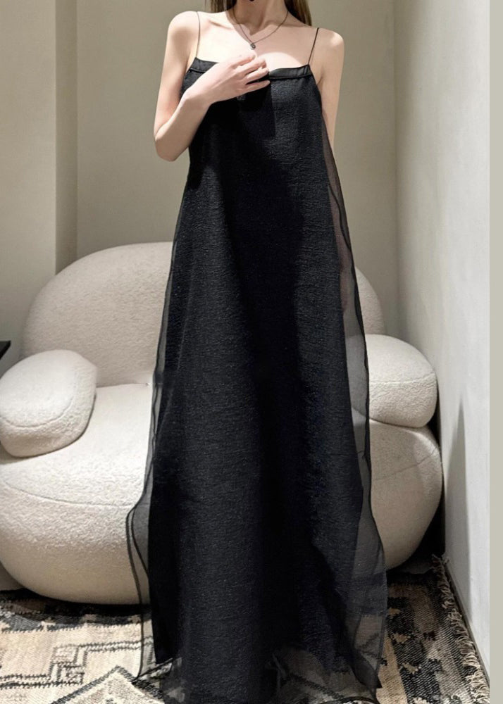 Simple Black Cold Shoulder Solid Tulle Spaghetti Strap Dress Sleeveless