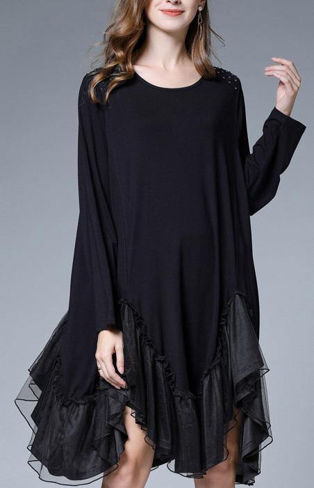 Simple Black Cotton Patchwork Spring Ankle Dress - SooLinen