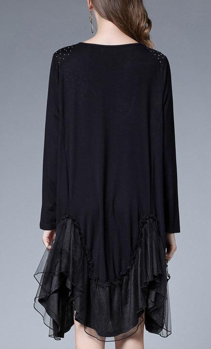 Simple Black Cotton Patchwork Spring Ankle Dress - SooLinen