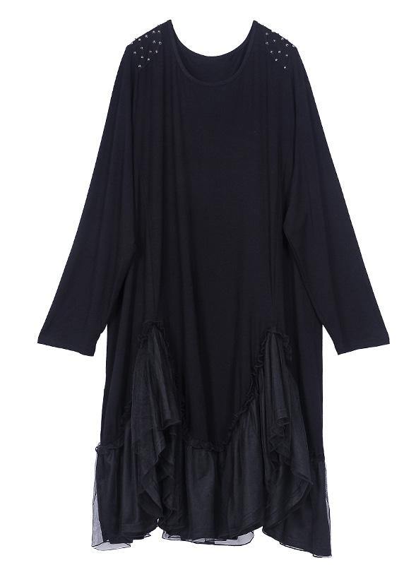 Simple Black Cotton Patchwork Spring Ankle Dress - SooLinen