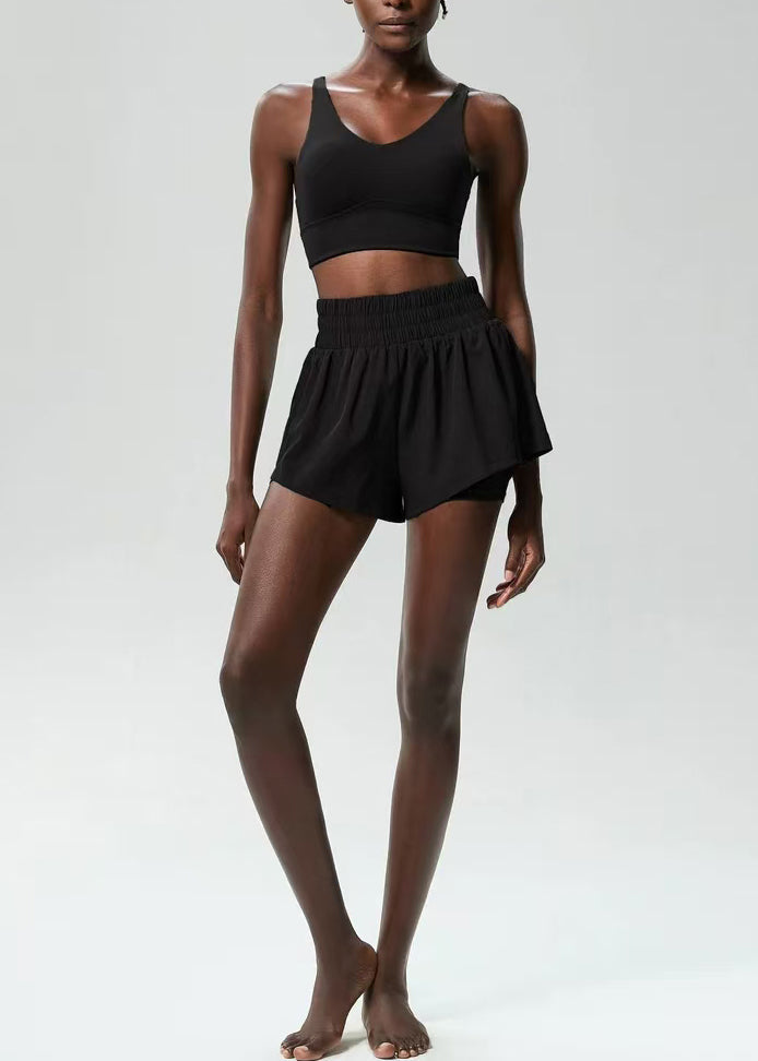 Simple Black Cross Strap Back Sports Bra High Waist Anti Exposure Shorts Two Piece Set
