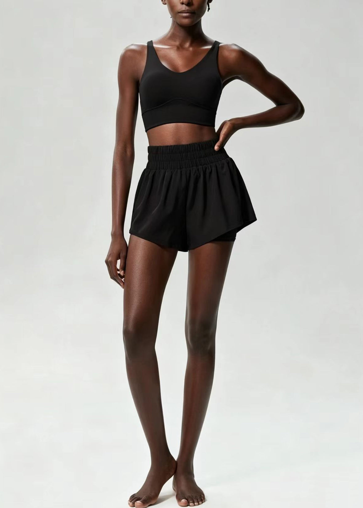 Simple Black Cross Strap Back Sports Bra High Waist Anti Exposure Shorts Two Piece Set