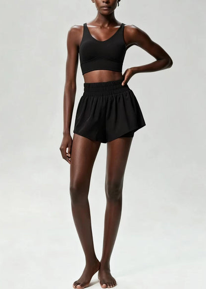 Simple Black Cross Strap Back Sports Bra High Waist Anti Exposure Shorts Two Piece Set