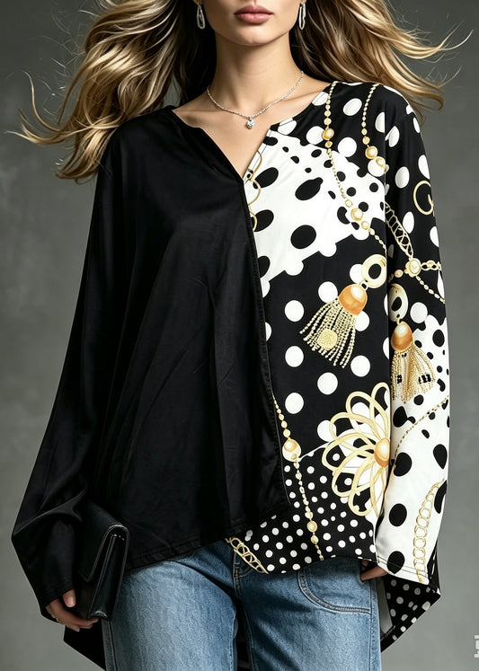 Simple Black Dot V Neck Asymmetrical Print Shirt Tops Fall