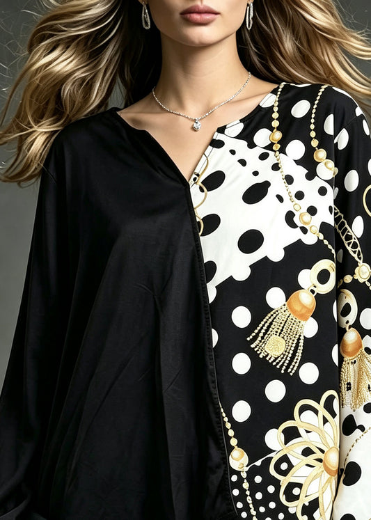 Simple Black Dot V Neck Asymmetrical Print Shirt Tops Fall