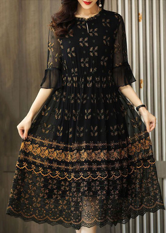 Simple Black Embroidered Patchwork Tulle Maxi Dresses Summer