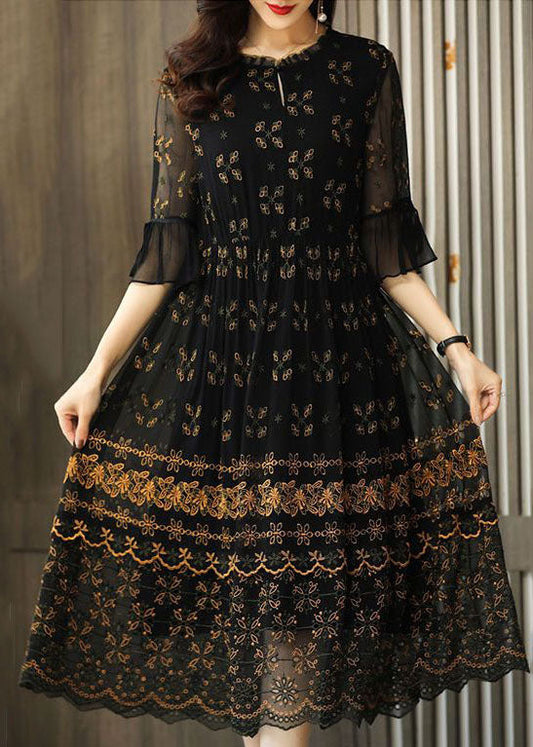 Simple Black Embroidered Patchwork Tulle Maxi Dresses Summer
