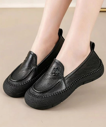 Simple Black Floral Embossed Cowhide Leather Slip On Loafers