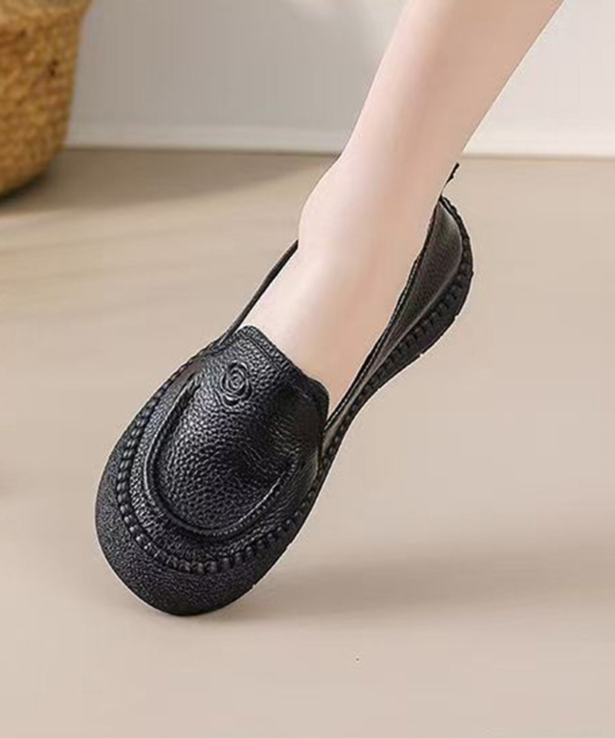 Simple Black Floral Embossed Cowhide Leather Slip On Loafers