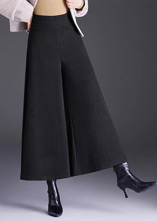 Simple Black High Waist Draping Woolen Wide Leg Crop Pants Skirt Fall