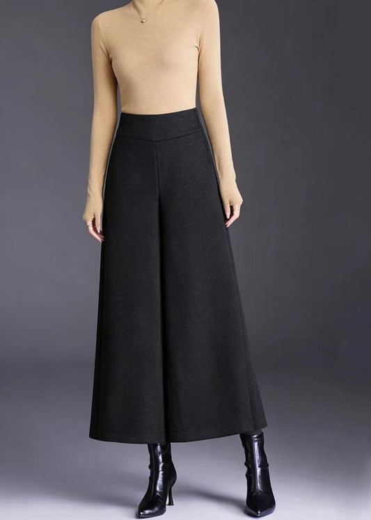 Simple Black High Waist Draping Woolen Wide Leg Crop Pants Skirt Fall