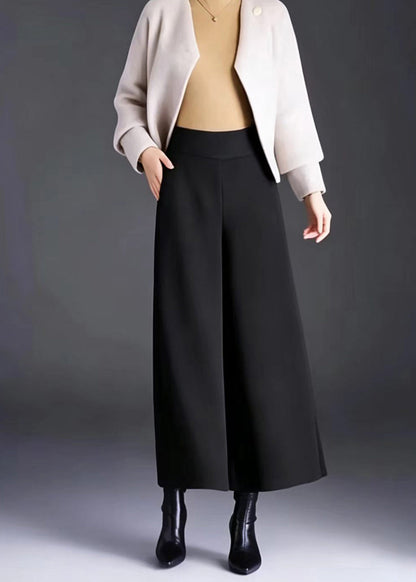 Simple Black High Waist Draping Woolen Wide Leg Crop Pants Skirt Fall