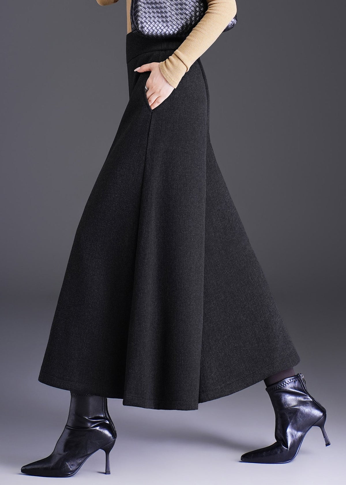 Simple Black High Waist Draping Woolen Wide Leg Crop Pants Skirt Fall