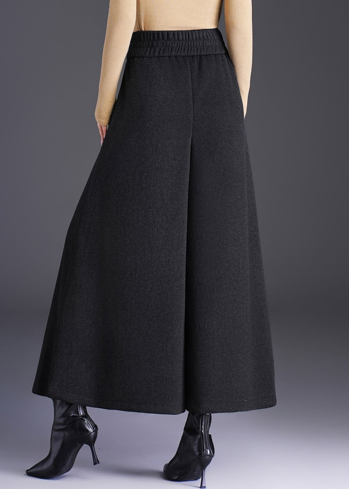 Simple Black High Waist Draping Woolen Wide Leg Crop Pants Skirt Fall