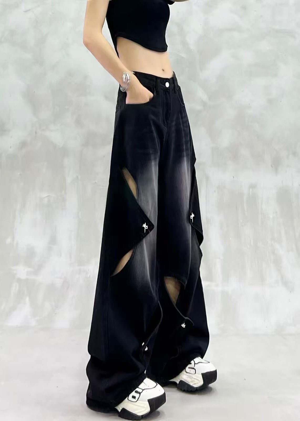Simple Black High Waist Hollow Out Ripped Denim Wide Leg Pants Summer