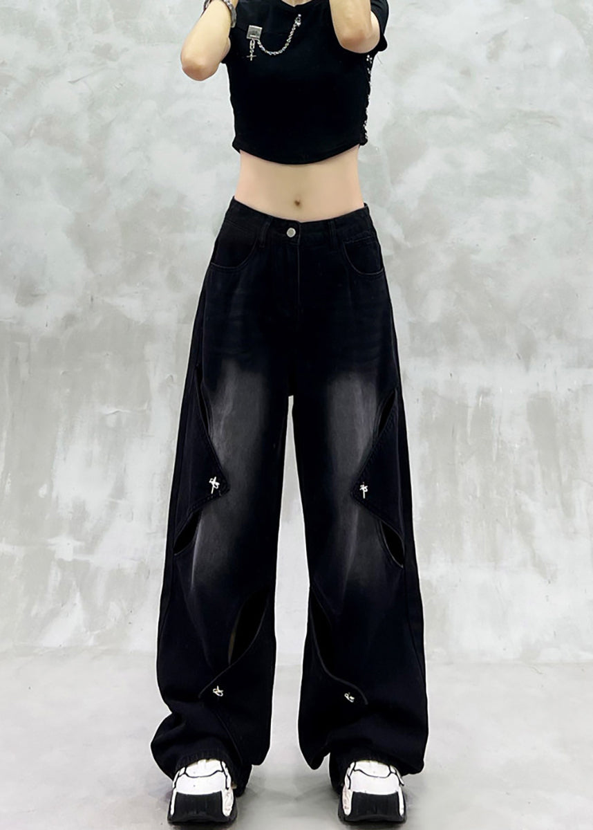 Simple Black High Waist Hollow Out Ripped Denim Wide Leg Pants Summer