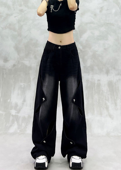 Simple Black High Waist Hollow Out Ripped Denim Wide Leg Pants Summer