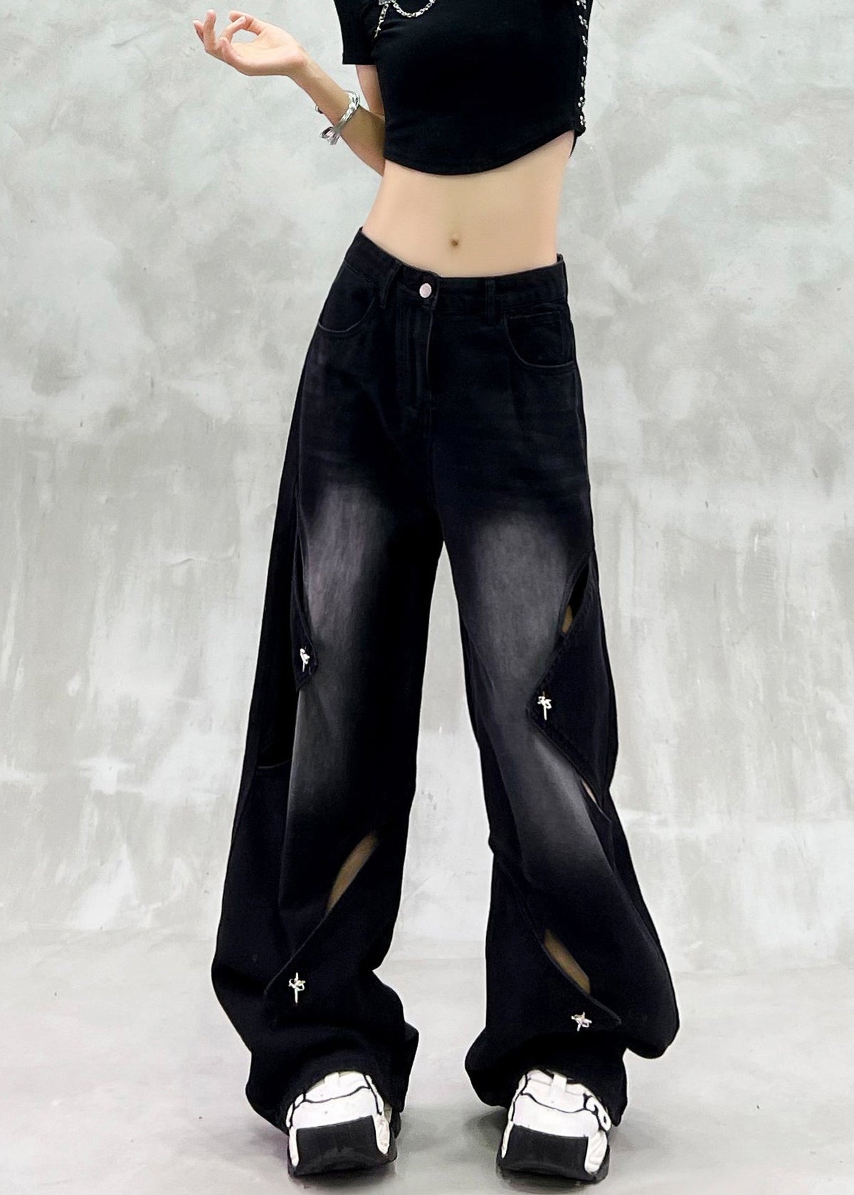 Simple Black High Waist Hollow Out Ripped Denim Wide Leg Pants Summer