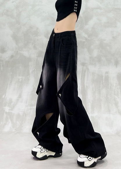 Simple Black High Waist Hollow Out Ripped Denim Wide Leg Pants Summer