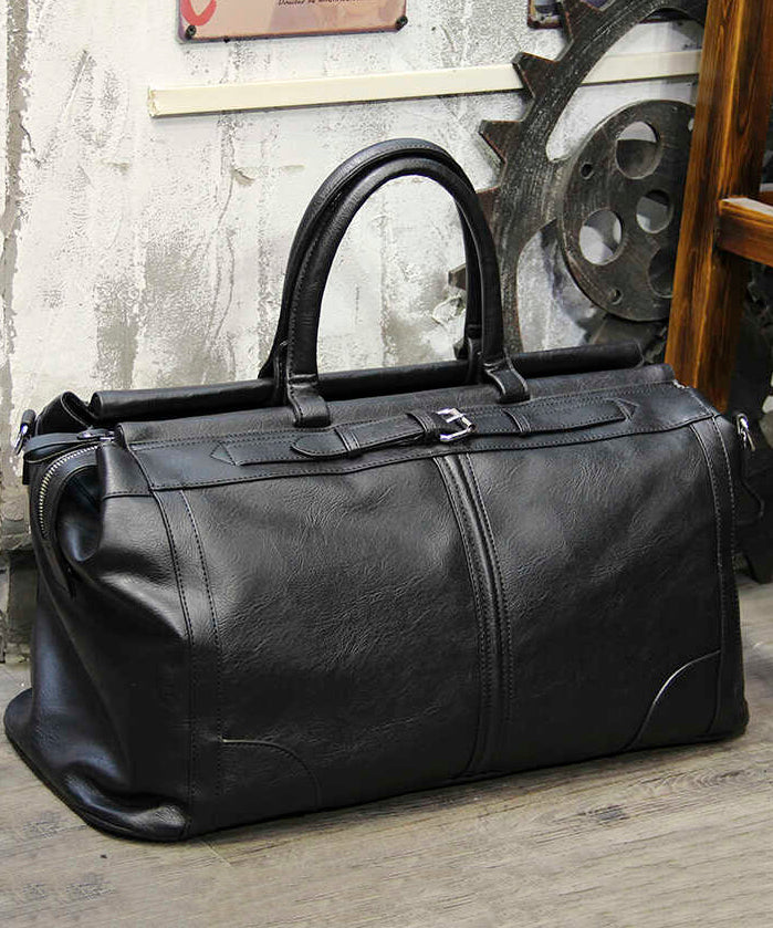 Simple Black Large Capacity Solid Durable Faux Leather Duffel Bag