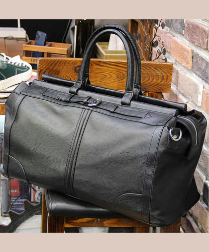 Simple Black Large Capacity Solid Durable Faux Leather Duffel Bag