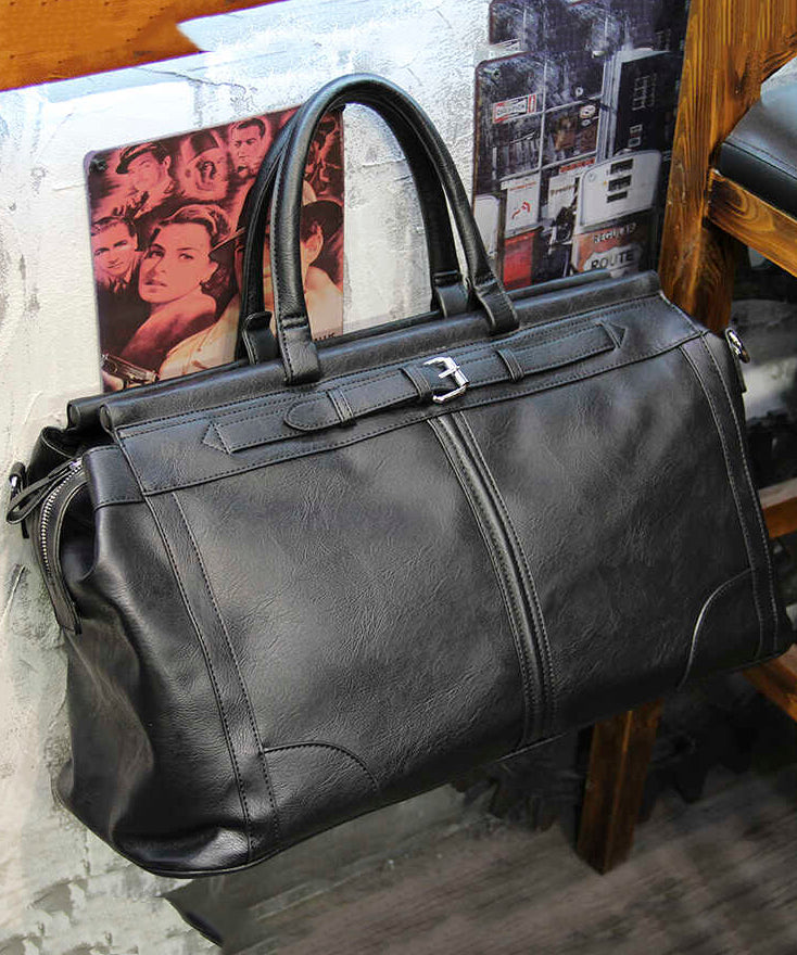 Simple Black Large Capacity Solid Durable Faux Leather Duffel Bag