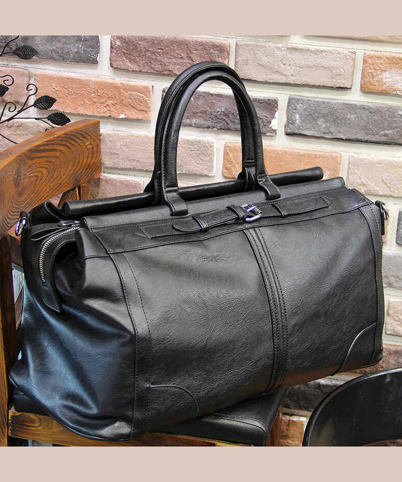 Simple Black Large Capacity Solid Durable Faux Leather Duffel Bag