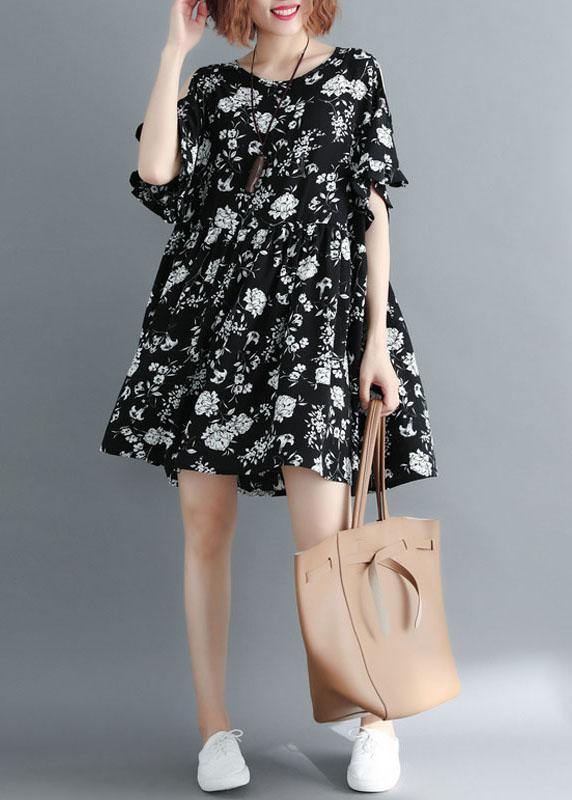 Simple Black Loose Print Summer Party Mini Dress Half Sleeve - SooLinen