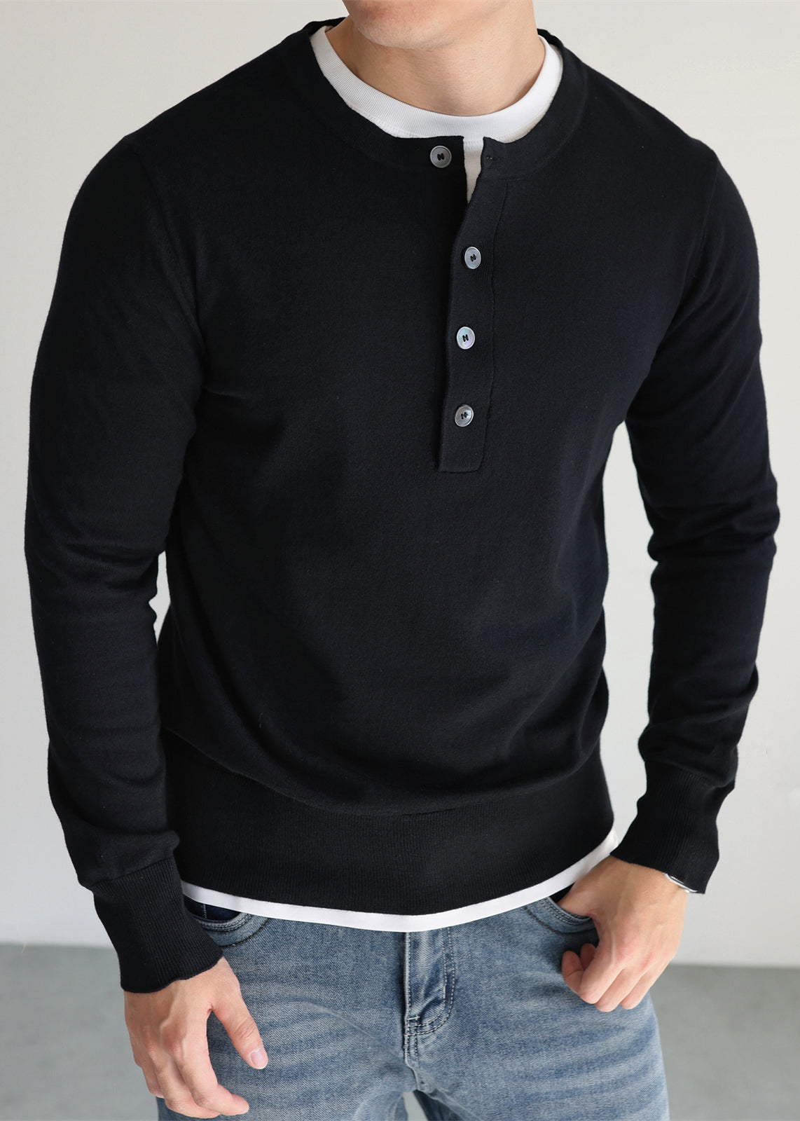 Simple Black O Neck Button Woolen Knit Men Sweater Tops Fall
