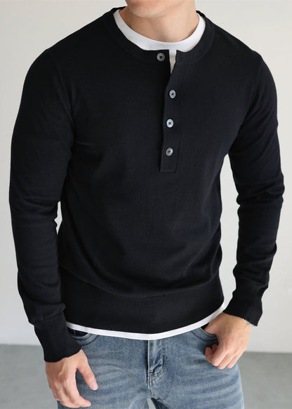 Simple Black O Neck Button Woolen Knit Men Sweater Tops Fall