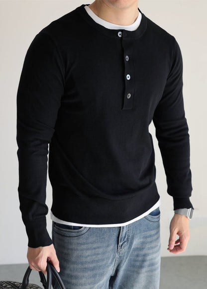 Simple Black O Neck Button Woolen Knit Men Sweater Tops Fall