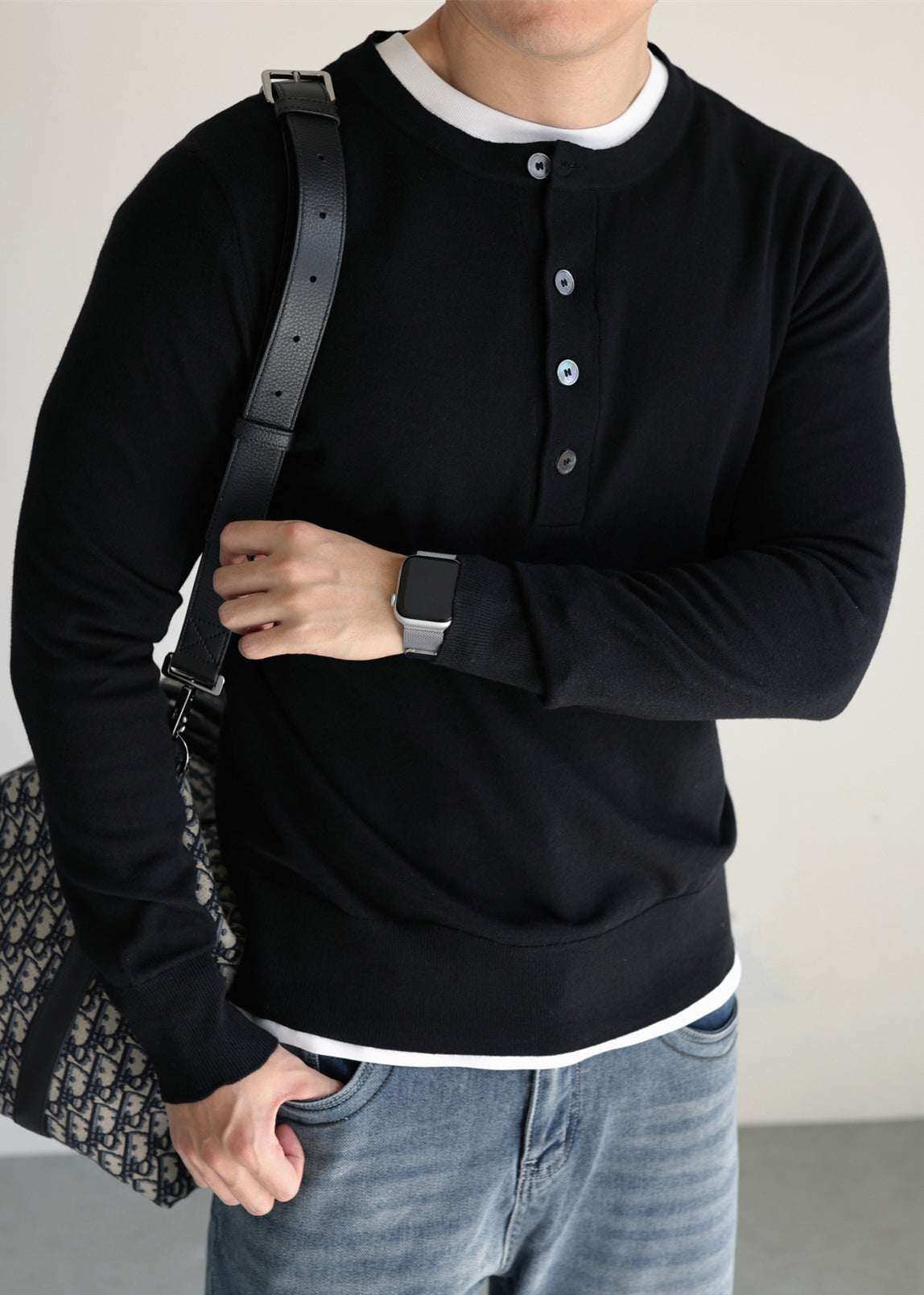 Simple Black O Neck Button Woolen Knit Men Sweater Tops Fall