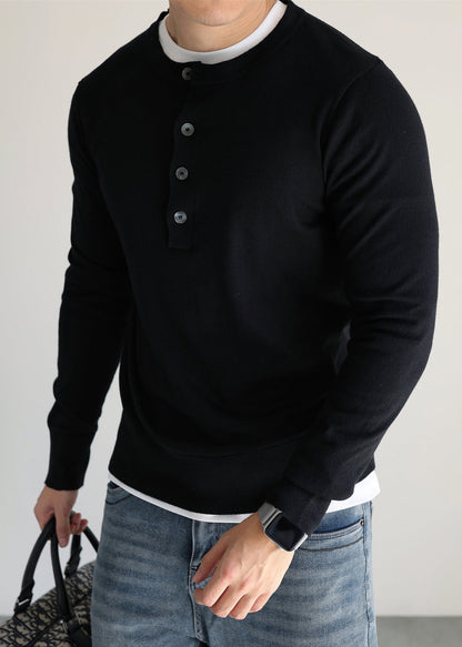 Simple Black O Neck Button Woolen Knit Men Sweater Tops Fall