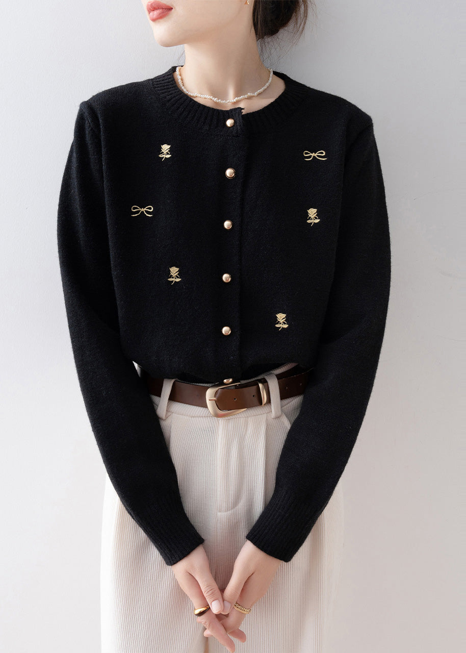 Simple Black O-Neck Embroidered Knit Cardigans Winter