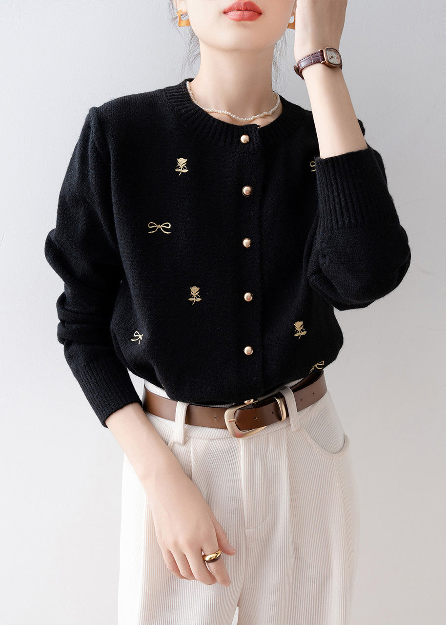Simple Black O-Neck Embroidered Knit Cardigans Winter