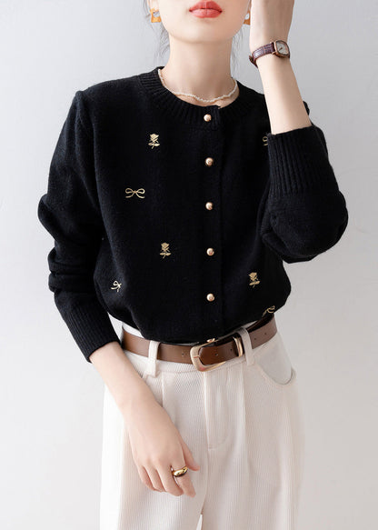 Simple Black O-Neck Embroidered Knit Cardigans Winter