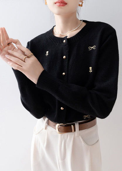 Simple Black O-Neck Embroidered Knit Cardigans Winter