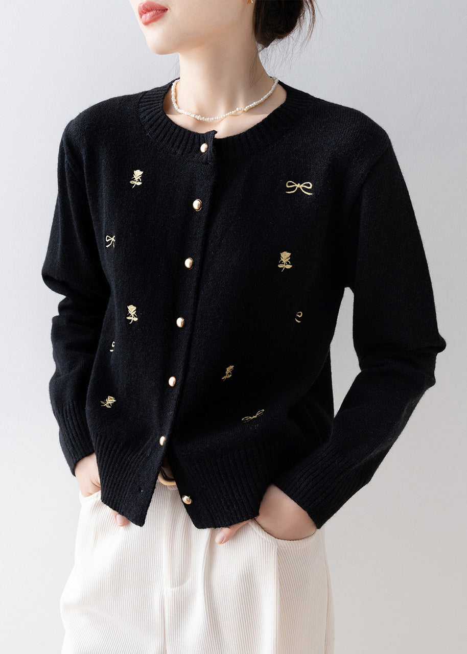 Simple Black O-Neck Embroidered Knit Cardigans Winter
