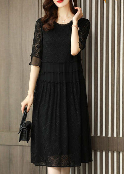Simple Black O Neck Embroidered Patchwork Chiffon Dresses Half Sleeve