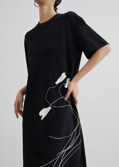 Simple Black O Neck Print Side Open Cotton T Shirt Dresses Summer