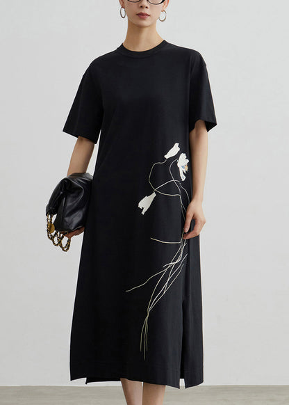 Simple Black O Neck Print Side Open Cotton T Shirt Dresses Summer