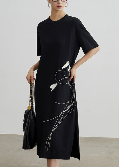 Simple Black O Neck Print Side Open Cotton T Shirt Dresses Summer