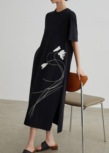 Simple Black O Neck Print Side Open Cotton T Shirt Dresses Summer